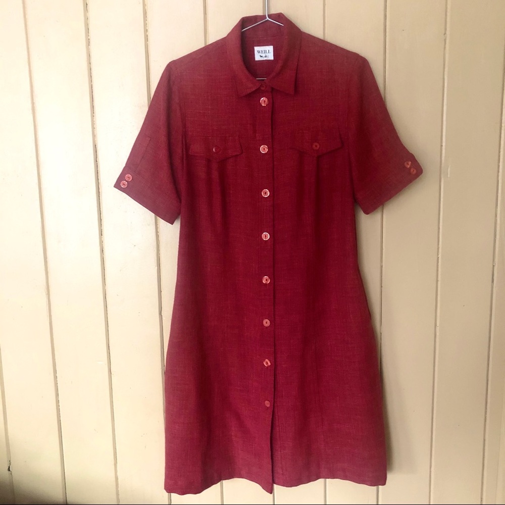 Weill Paris Cranberry Button Down Dress Linen Blen